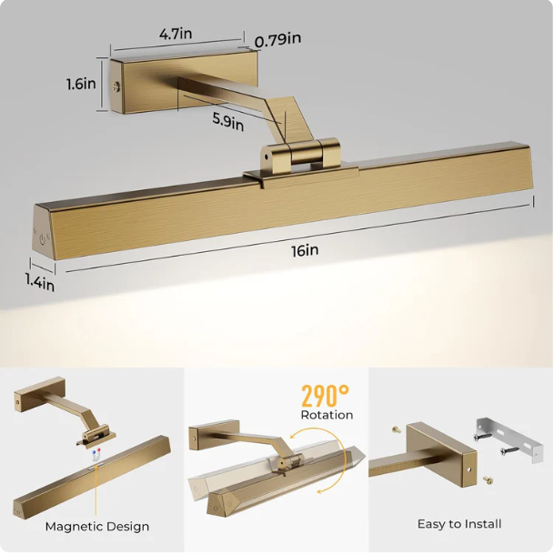 Picture Lights for Wall, Brass Battery Operated Picture Light 16in Art Light CCT Dimmable Recharging Battery Wall Light with Remote Control for Living Room Gallery - Image 2