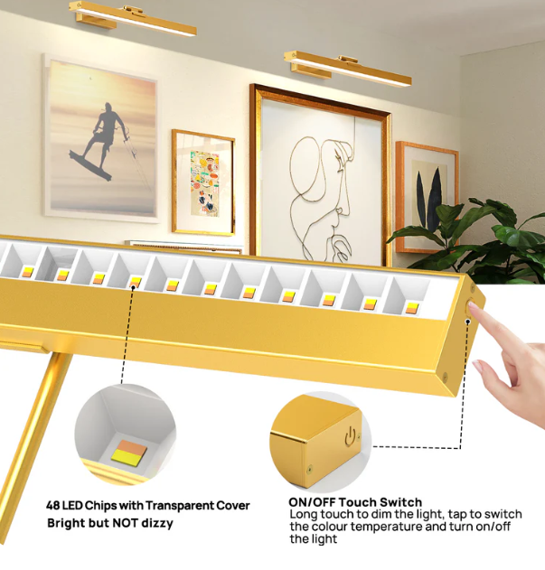 Picture Light Battery Operated, 16in Wireless Art Light for Paintings CCT Dimmable Recharging Battery Picture Light with Remote Control for Gallery Dartboard Art Bedroom Bathroom Gold OR Black - Image 6
