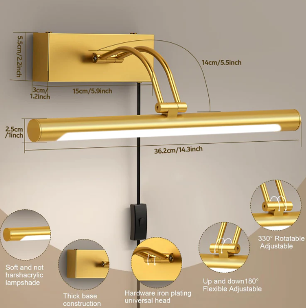 Plug in Picture Lights for Wall LED Art Light with On/Off Switch,14inch 4000K Adjustable Brass Gallery Painting Lights for Picture Display Dartboard Art Work (Black or Gold) - Image 10
