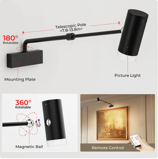 Battery Operated Picture Light, Adjustable Length Wireless Art Light for Paintings CCT Dimmable Rechargeable Picture Light with Remote Control for Gallery Reading Dartboard Bathroom 2PCS - Image 7