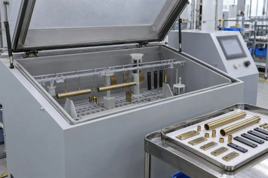 Salt spray chamber with test parts